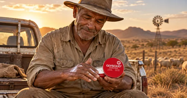 A Karoo farmer at sunset rubbing Glysolid Glycerin Cream into his rough, hard-working hands.