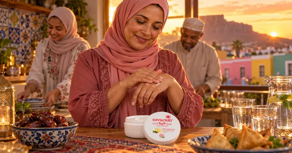 A woman in a headscarf rubbing Glysolid Super Soft Cream into her hands as her family prepares iftar.