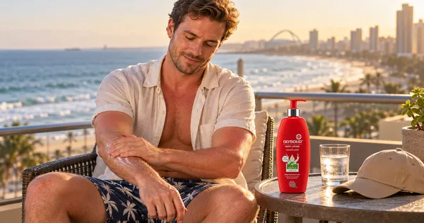 A man on a Durban balcony soothing sun-warmed arms with Glysolid Aloe Vera Body Lotion.